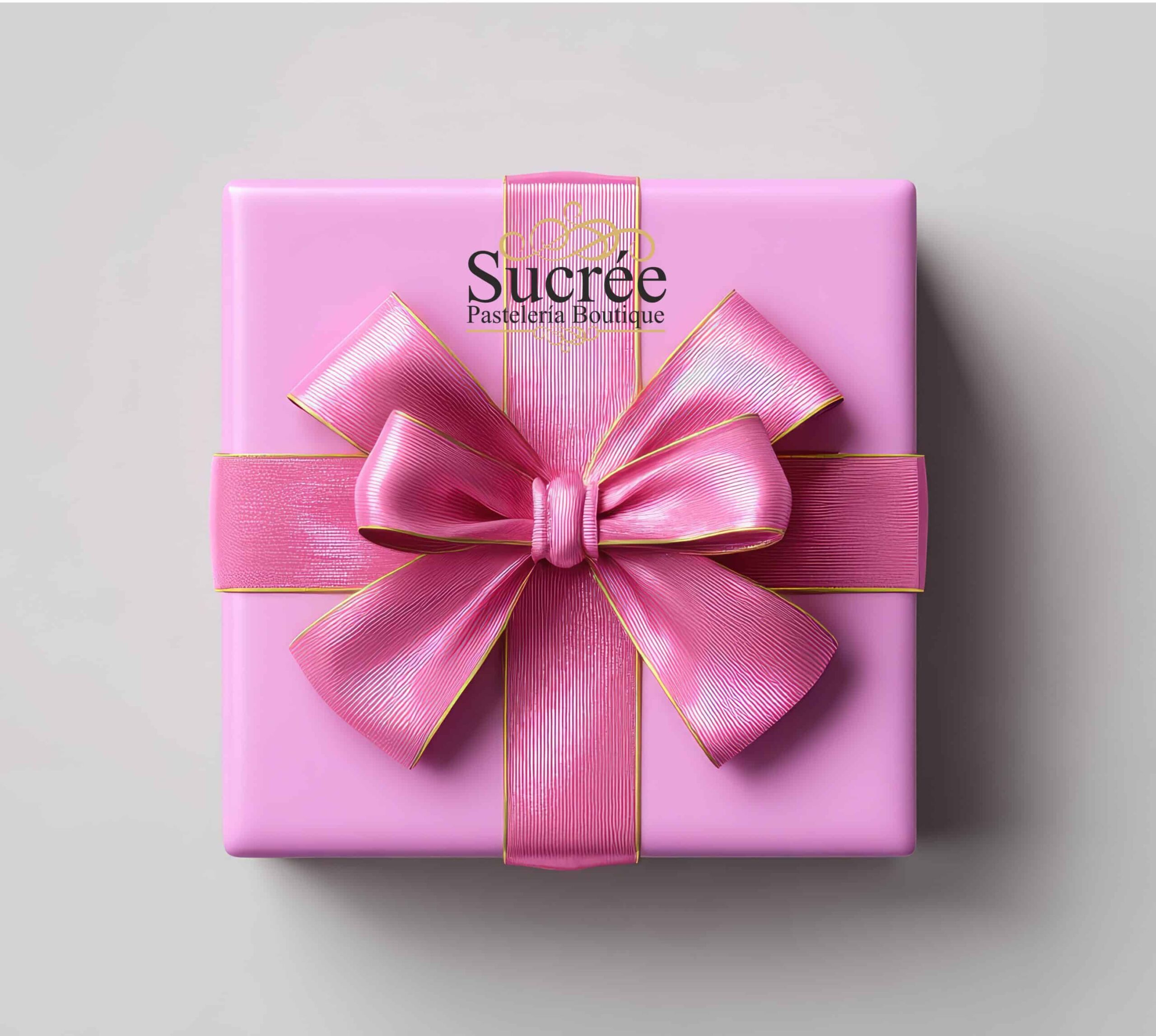 Pink gift box with a satin ribbon bow. A square, light-pink gift box, adorned with a vibrant pink satin ribbon and a golden-edged bow. The box sits on a neutral backdrop, highlighting the presentation Tarjeta Regalo Sucrée Pastelería Boutique - Imagen 1